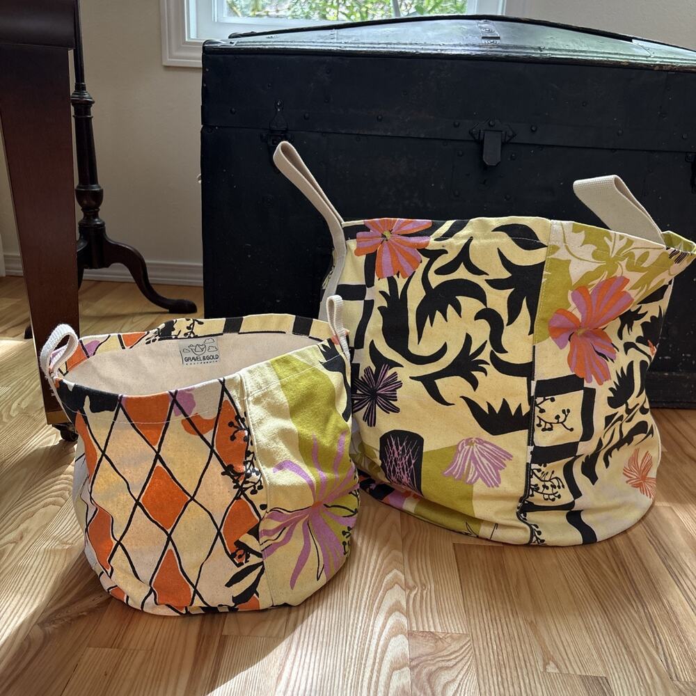 Gravel & Gold Canvas Buckets Set of 2 with Handles Hatu Print Storage SF CA
